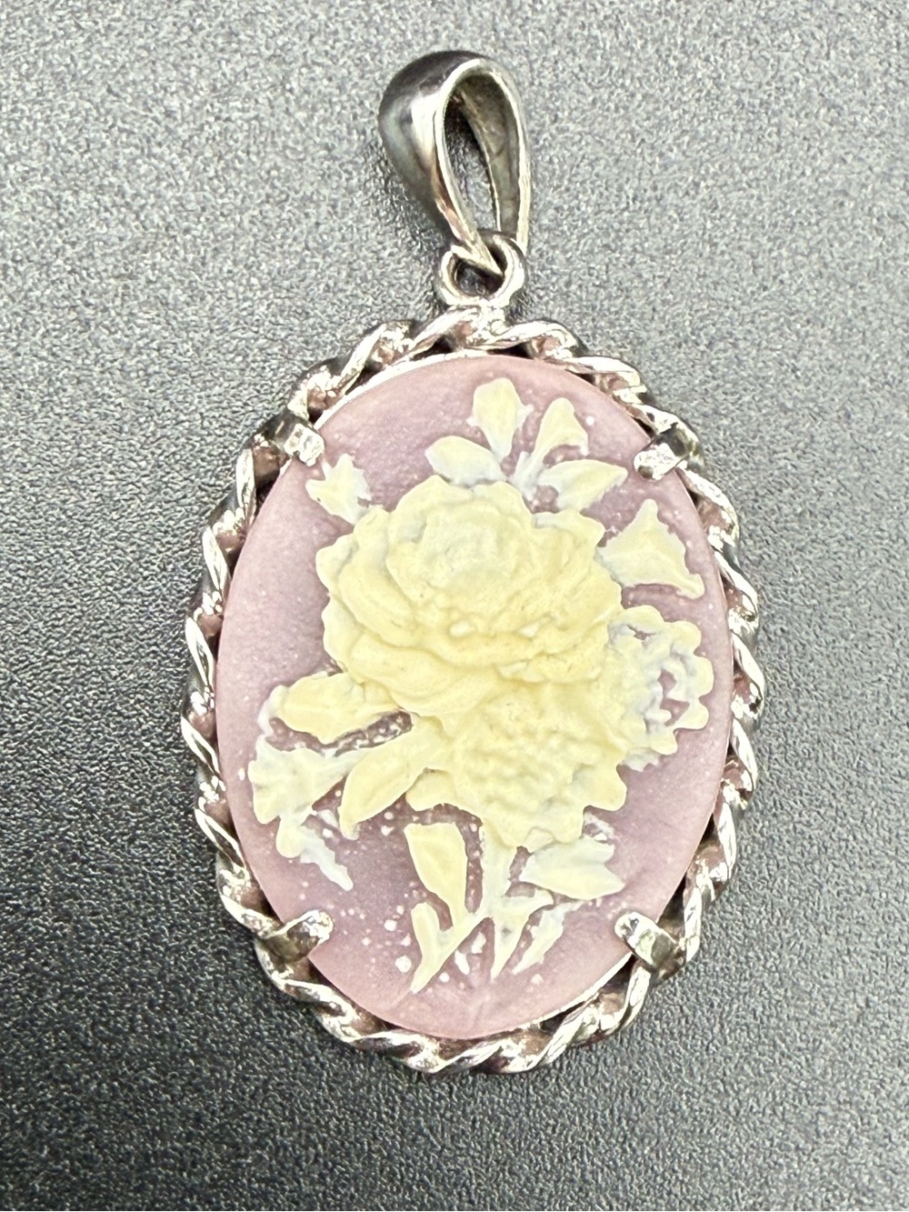 Pink Purple Cameo Floral Pendant Silver Tone 925 Bail